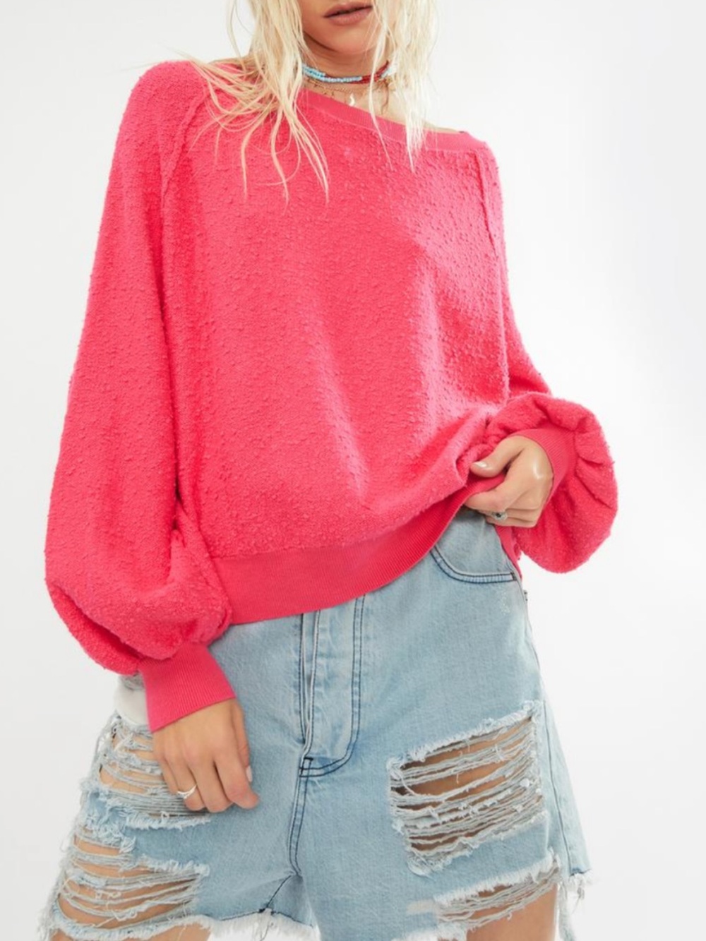 Free People Found my Friend Hot Pink Textured Pullover Sweater